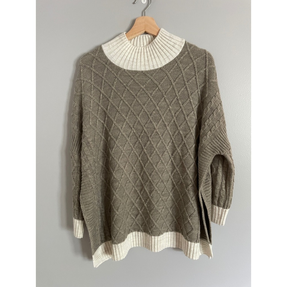 Mer Sea Sweater Womens One Size Brown Cable Knit Mock Neck Side Slit Coastal